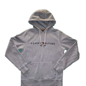 TOMMY HILFIGER Embroidered Logo Sweatshirt Hoodie in Light Blue Size M